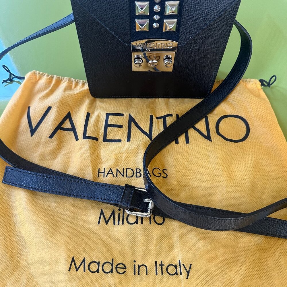 Mario Valentino Black Leather Silver Rockstud Push Latch Crossbody Bag